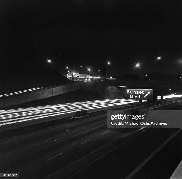 The Sunset Boulevard exit off the 101 freeway at night on November 11 1954 in Los Angeles California.