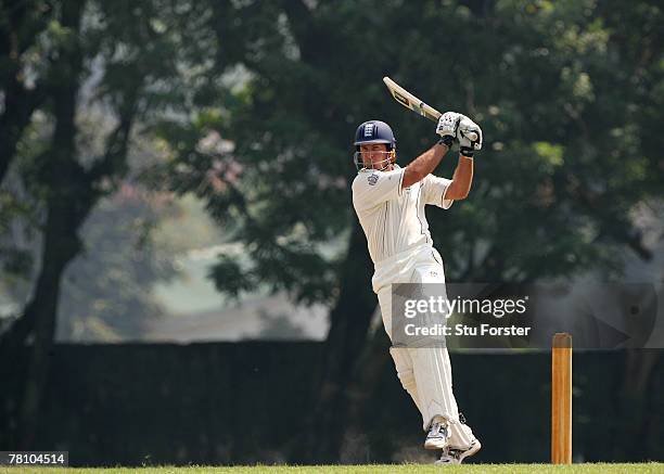 England batsman Michael Vaughan pulls a ball to the bounday during the third and final day of the warm up game between a Sri Lankan XI and England at...