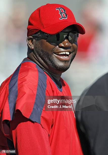 Boston's David Ortiz has a laugh prior to Sunday's matchup against the Florida Marlins at City of Palms Park in Ft. Myers, Florida on March 25, 2007.