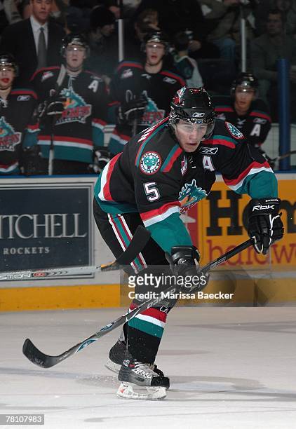 Luke Schenn of the Kelowna Rockets skates against the Prince George Cougars on November 24, 2007 at Prospera Place in Kelowna, Canada.