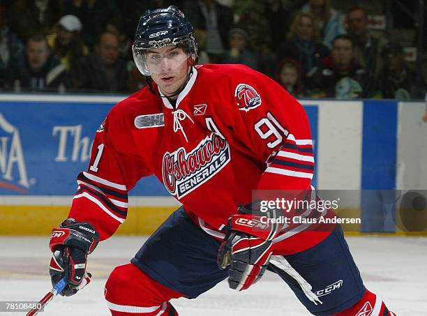 John Tavares of the Oshawa Generals skates in a game against the London Knights on November 23, 2007 at the John Labatt Centre in London, Ontario.The...