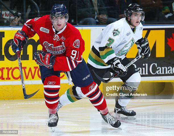 John Tavares of the Oshawa Generals skates back up ice in a game against the London Knights on November 23, 2007 at the John Labatt Centre in London,...