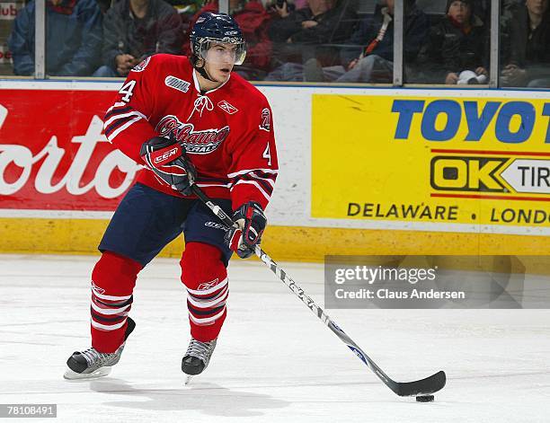 Michael Del Zotto of the Oshawa Generals skates with the puck in a game against the London Knights on November 23, 2007 at the John Labatt Centre in...