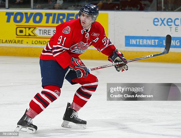 John Tavares of the Oshawa Generals skates in a game against the London Knights on November 23, 2007 at the John Labatt Centre in London, Ontario.The...