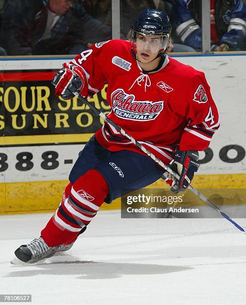 Michael Del Zotto of the Oshawa Generals skates in a game against the London Knights on November 23, 2007 at the John Labatt Centre in London,...