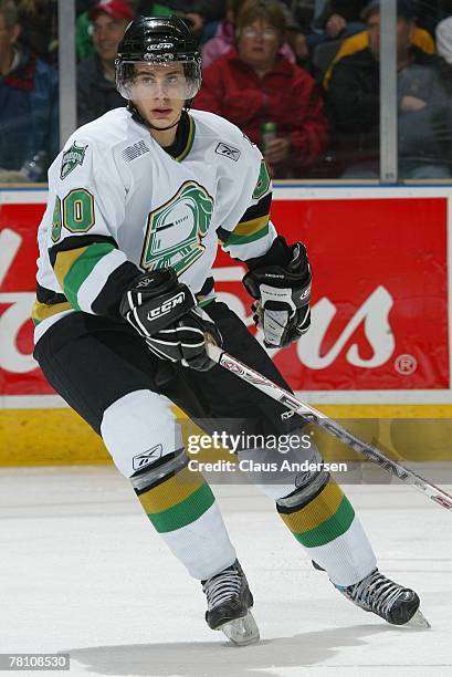 Philip McRae of the London Knights skates in a game against the Oshawa Generals on November 23, 2007 at the John Labatt Centre in London, Ontario.The...