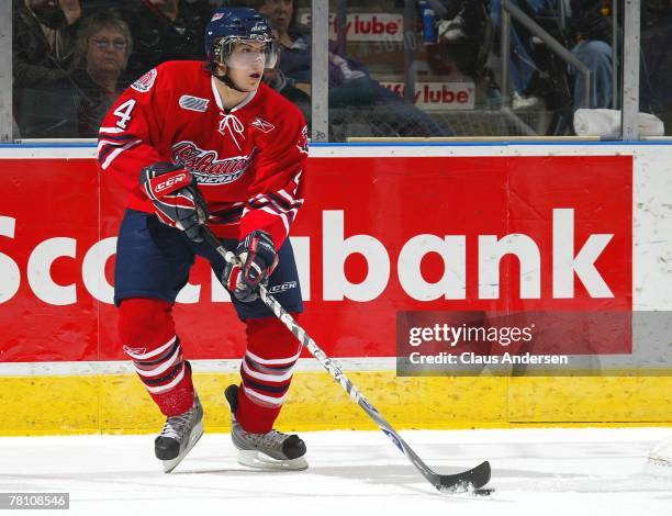 Michael Del Zotto of the Oshawa Generals skates with the puck in a game against the London Knights on November 23, 2007 at the John Labatt Centre in...