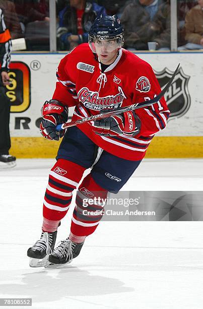 John Tavares of the Oshawa Generals skates in a game against the London Knights on November 23, 2007 at the John Labatt Centre in London, Ontario.The...