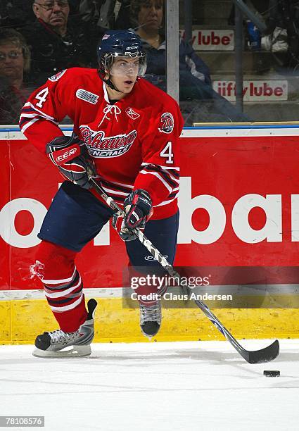 Michael Del Zotto of the Oshawa Generals carries the puck in a game against the London Knights on November 23, 2007 at the John Labatt Centre in...