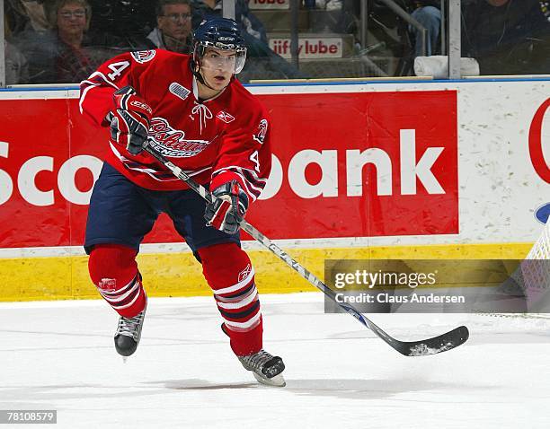 Michael Del Zotto of the Oshawa Generals fires a shout out in a game against the London Knights on November 23, 2007 at the John Labatt Centre in...