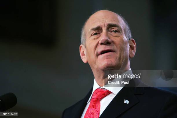 Israeli Prime Minister Ehud Olmert speaks during a joint statement session at the Middle East Peace Conference at the U. S Naval Academy November 27,...