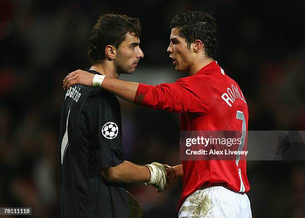 Cristiano Ronaldo of Manchester United shakes hands with Rui Patricio of Sporting Lisbon at the end of the UEFA Champions League Group F match...