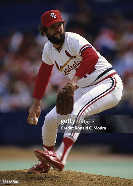 Bruce Sutter of the St. Louis Cardinals pitching to the Atlanta Braves on May 22, 1983 in St. Louis, Missouri.