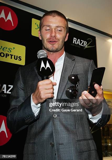 Footballer and Motorola ambassador David Beckham promotes the MOTORAZR2 V8 Luxury Edition mobile phone at a public appearance at the city Optus store...