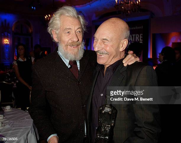 Actors Sir Ian McKellen and Patrick Stewart attend the Evening Standard Theatre Awards 2007 at the Savoy Hotel November 27, 2007 in London, England.