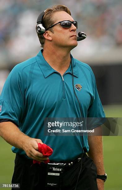 Head Coach Jack Del Rio of the Jacksonville Jaguars prepares to throw the challenge flag in a game against the Buffalo Bills at Jacksonville...