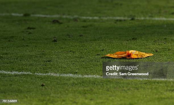 Penalty flag lies on the field in a game at Jacksonville Municipal Stadium in Jacksonville, Florida on November 25, 2007. The Jaguars beat the Bills...