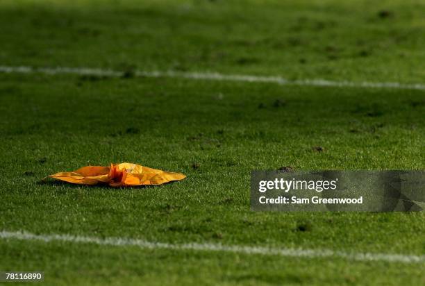 Penalty flag lies on the field in a game at Jacksonville Municipal Stadium in Jacksonville, Florida on November 25, 2007. The Jaguars beat the Bills...