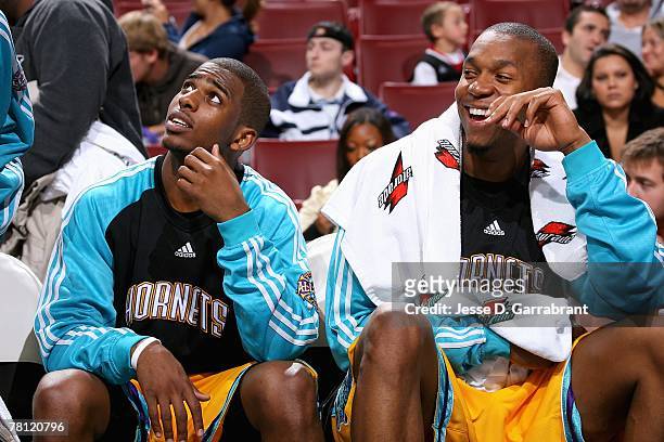 Chris Paul and David West of the New Orleans Hornets sit on the bench during the game against the Philadelphia 76ers on November 11, 2007 at Wachovia...