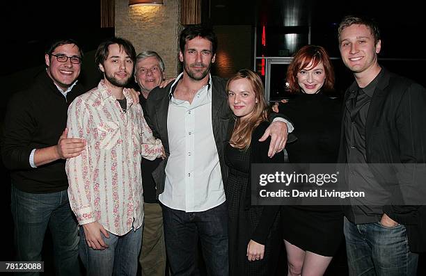 Actors and cast members Rich Sommer, Vincent Kartheiser, Robert Morse, Jon Hamm, Elisabeth Moss, Christina Hendricks and Aaron Staton pose prior to...