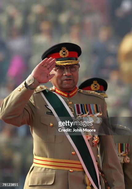 President Pervez Musharraf gives a farewell salute to military forces at a change of command ceremony November 28, 2007 in Rawalpindi, Pakistan....