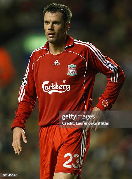 Jamie Carragher of Liverpool looks on during the UEFA Champions League Group A match between Liverpool and FC Porto at Anfield on November 28, 2007...
