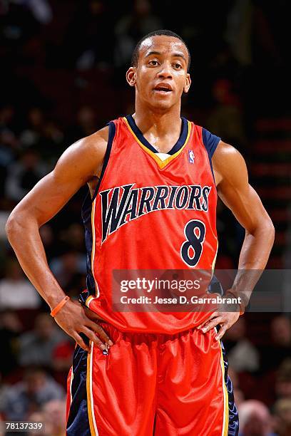 Monta Ellis the Golden State Warriors looks across the court during the game against the Philadelphia 76ers on November 24, 2007 at Wachovia Center...