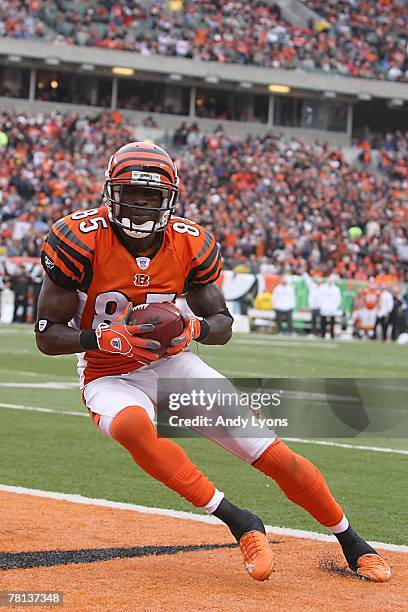 Chad Johnson of the Cincinnati Bengals carries the ball during the NFL game against the Tennessee Titans at Paul Brown Stadium on November 25, 2007...