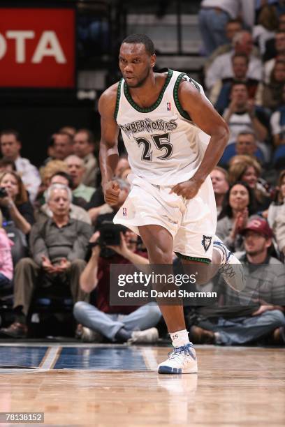 Al Jefferson of the Minnesota Timberwolves runs up the court during the game against the Washington Wizards on November 16, 2007 at the Target Center...