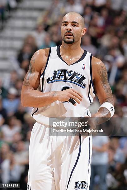 Carlos Boozer of the Utah Jazz stands on the court during the game against the Sacramento Kings at EnergySolutions Arena on November 12, 2007 in Salt...