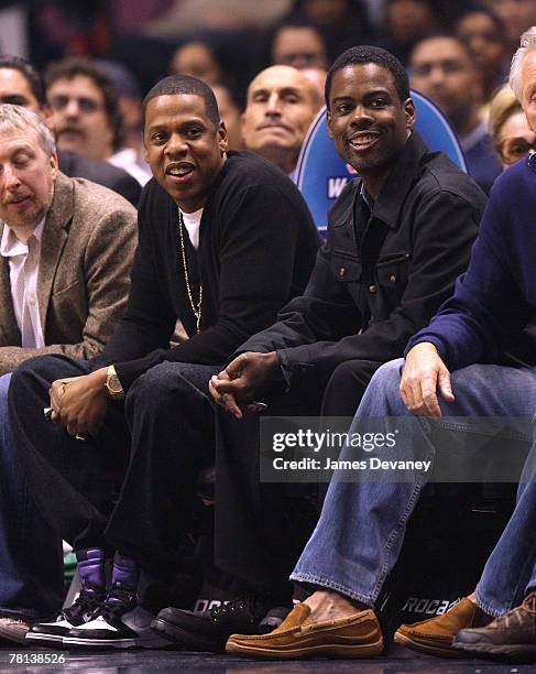 Jay-Z and Chris Rock attend the Chicago Bulls vs New Jersey Nets game at the IZOD Center on October 31, 2007 in East Rutherford, New York.