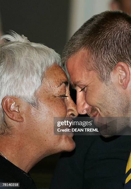 2nd CORRECTION-REMOVING RESTRICTIONS David Beckham of the LA Galaxy exchanges a hongi, a Maori greeting, with kaumatua Liz Mellish during a welcoming...