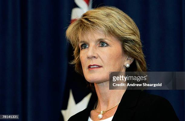 Newly elected Federal Deputy Opposition Leader Julie Bishop addresses a press conference at Parliament House on November 29, 2007 in Canberra,...