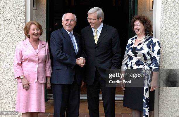 Former Prime Minister John Howard and his wife Janette meet with incoming Prime Minister Kevin Rudd and his wife Therese Rein at the Lodge on...