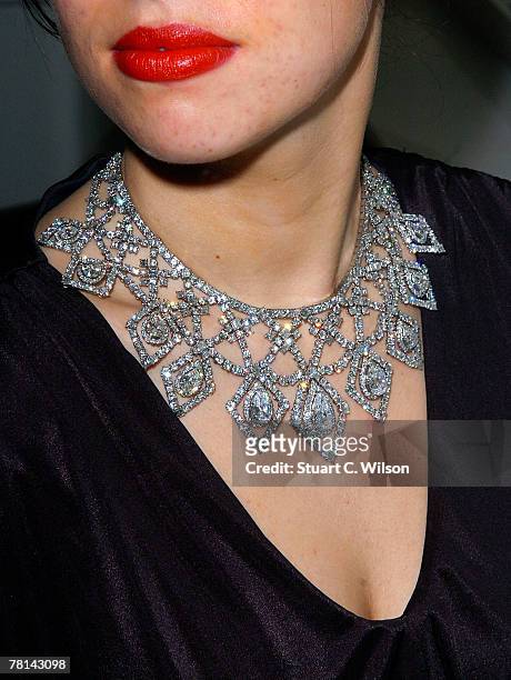 Laura Turnball wears a GBP250,000 Cartier Diamond Necklace previously owned by Anne Moen Bullitt, which is to be auctioned at Bonhams, New Bond...