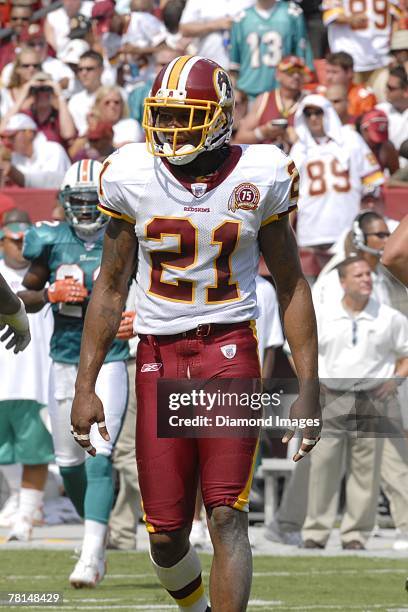 Safety Sean Taylor of the Wshington Redskins walks towards trhe bench after the Redskins' defense stopped the Miami Dolphins offense during a game on...