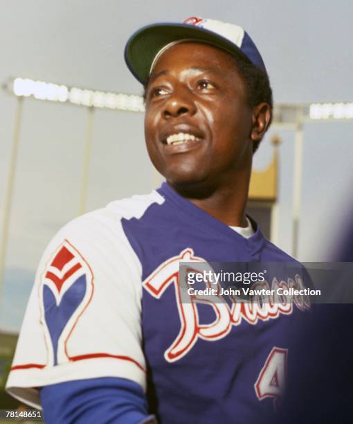 Firstbaseman Hank Aaron of the Atlanta Braves prior to the start of the MLB All-Star Game on July 24, 1973 at Royals Stadium in Kansas City,...