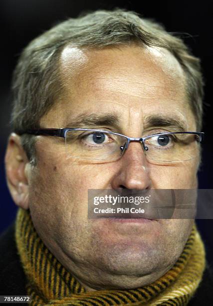 Aalborg Manager Erik Hamren looks on prior to the Uefa Cup match between Tottenham Hotspur and Aalborg BK at White Hart lane on November 29, 2007 in...