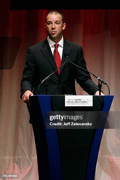 Chad Knaus, crew chief of the Lowe's Chevrolet, speaks after receiving an award during NASCAR Champions Week NMPA Myers Brothers Media Luncheon at...