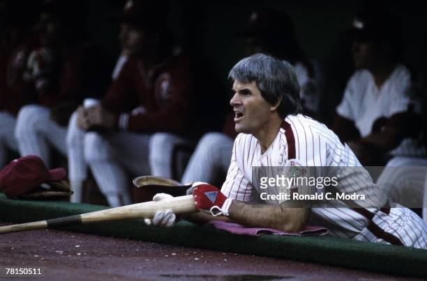 Pete Rose of the Philadelphia Phillies in the dugout during Game 5 of the 1983 World Series against the Baltimore Orioles on October 16, 1983 in...