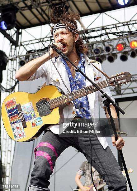 Eugene Hutz of the band Gogol Bordello performs during the Vegoose music festival at Sam Boyd Stadium's Star Nursery Field October 27, 2007 in Las...