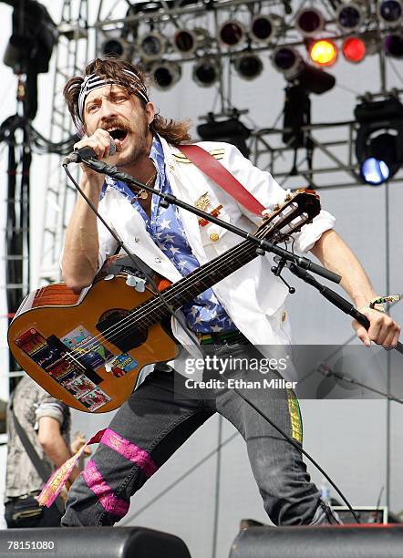 Eugene Hutz of the band Gogol Bordello performs during the Vegoose music festival at Sam Boyd Stadium's Star Nursery Field October 27, 2007 in Las...