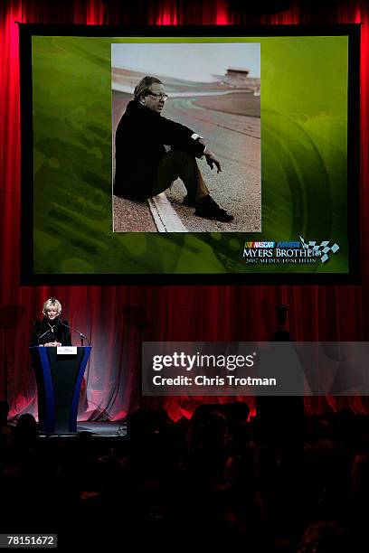 Betty Jane France speaks after receiving an awards during NASCAR Champions Week NMPA Myers Brothers Media Luncheon at Cipriani on November 29, 2007...