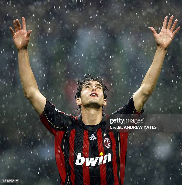 - Picture taken 02 May 2007 of AC Milan's Kaka celebrating after scoring against Manchester United during their European Champions League semi final...