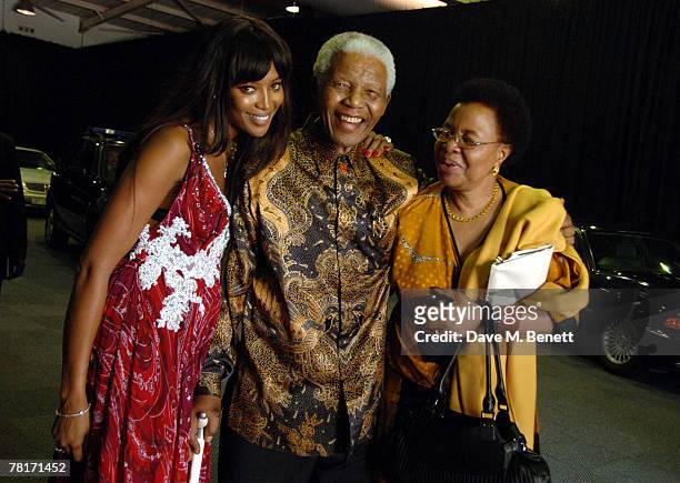 Model Naomi Campbell, Nelson Mandela and Graca Machel attend the Nelson Mandela Fundraising Lunch at the Gallagher Estate prior to the 46664 World...