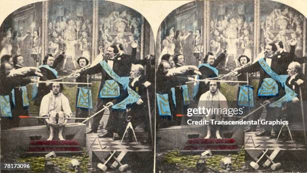 Stereoscopic, colorized view of a Masonic rite shows a group of men in complicated livery as they hold drawn swords above another man's head, France,...