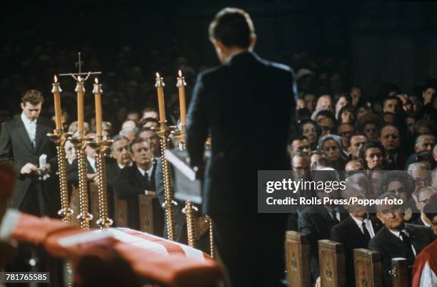 United States Senator from Massachusetts, Ted Kennedy delivers the eulogy for his brother, assassinated Senator Robert F Kennedy during the funeral...