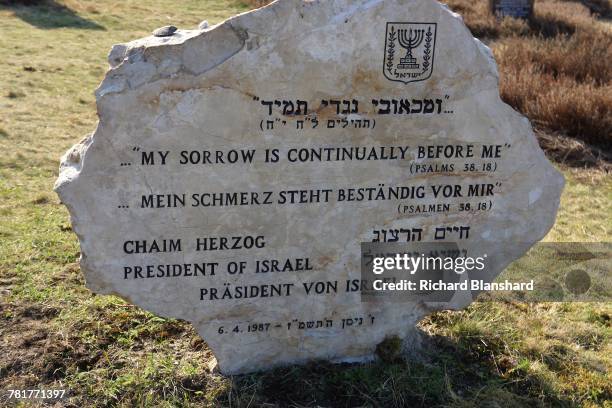 Memorial stone, dedicated by Israeli President Chaim Herzog in 1987, with quotes from the Psalms, at the site of the former Bergen-Belsen German Nazi...