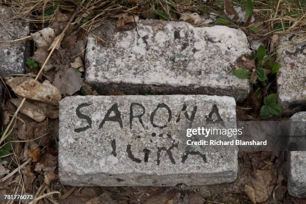 Memorial bricks bearing the names of victims, at the site of the former Bergen-Belsen German Nazi concentration camp in Lower Saxony, Germany, 2014....