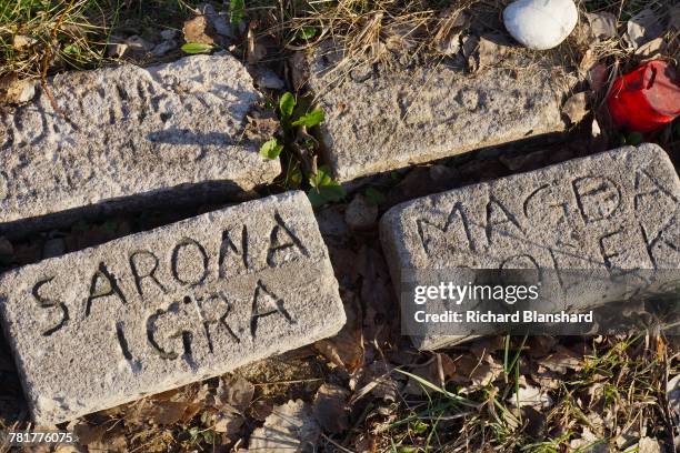 Memorial bricks bearing the names of victims, at the site of the former Bergen-Belsen German Nazi concentration camp in Lower Saxony, Germany, 2014....